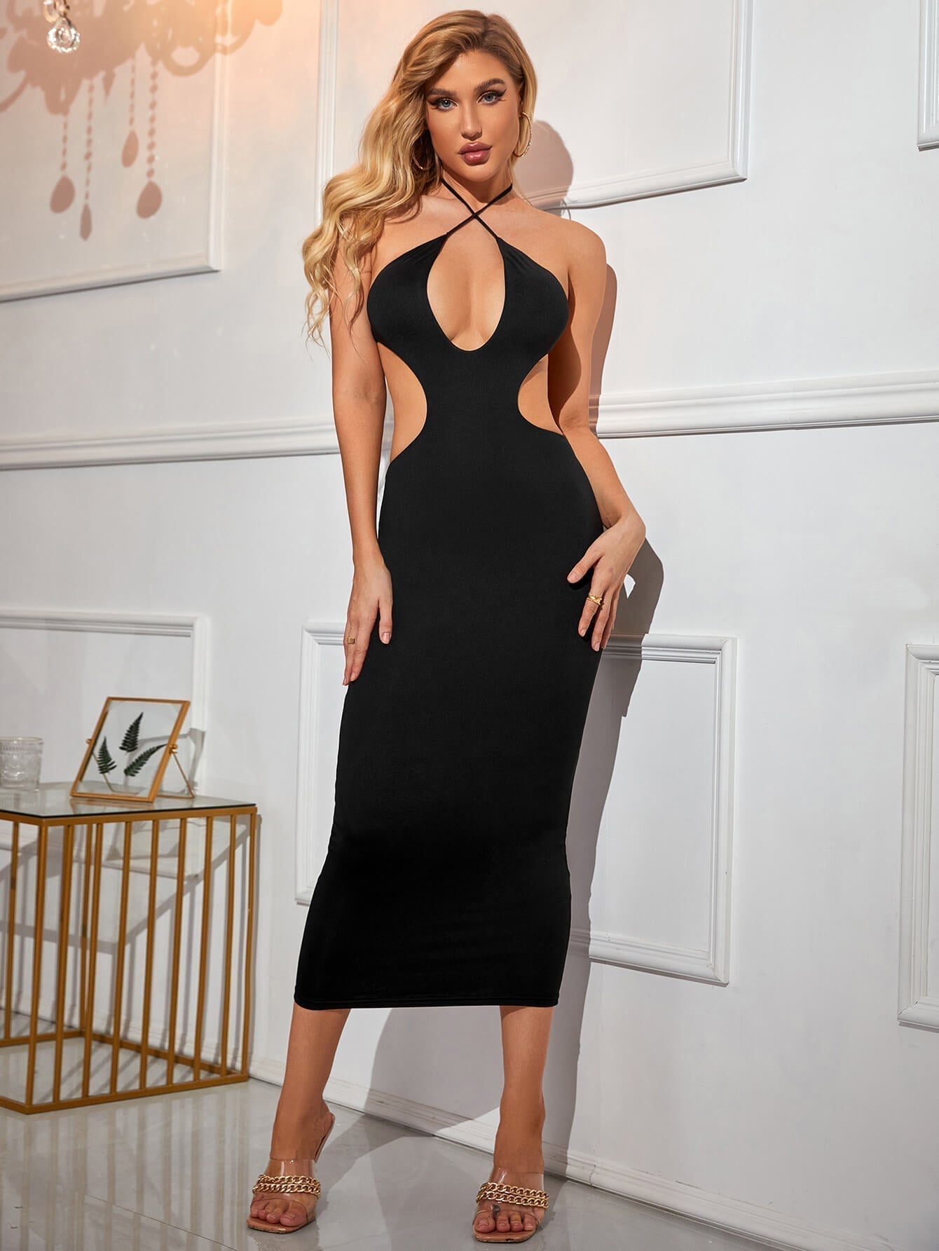 Halter Cross Strap Keyhole Bust Side Cutout Bodycon Midi Dress