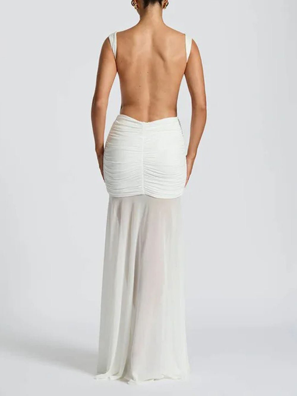 Boat Neck Backless Side Cut Out Ruched Metal Brooch Panel Sheer Maxi Gown