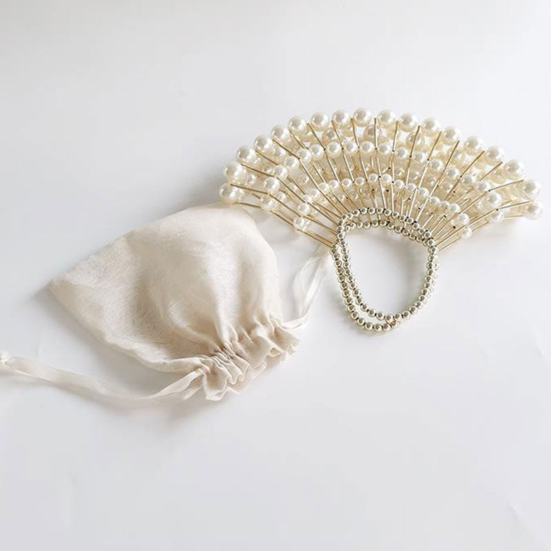 Faux Pearl Drawstring Pouch Top Handle Bag - Beige