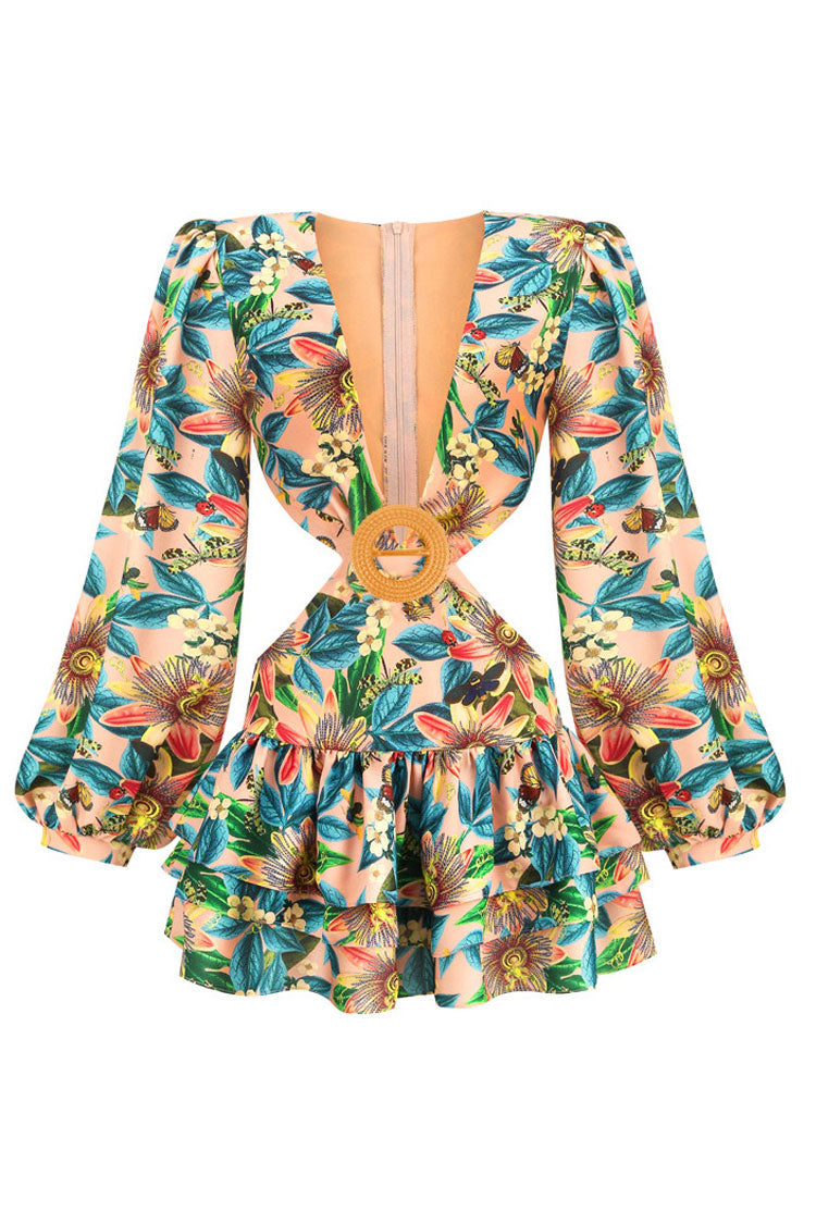 Floral Print Long Sleeve Waist Cut Out Tiered Ruffle Mini Dress