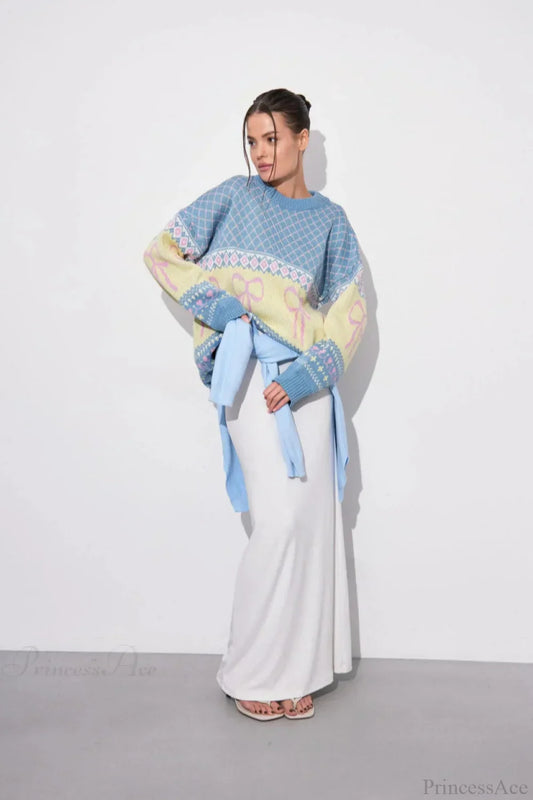 Bow Color Block Crew Neck Outer Wear Warm Lazy Knit Sweater