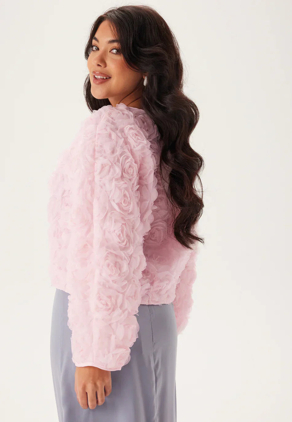 3D Floral Textured Jacket | Soft Pink | Short Feminine Cut