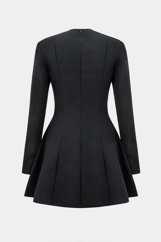 Deep V Neck Long Sleeve Flap Pocket Flared A Line Mini Dress