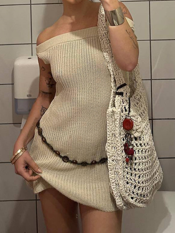 White Off Shoulder Knit Slim Mini Dress