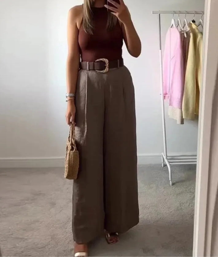 Satin Belted Wide Leg Pocket Pant