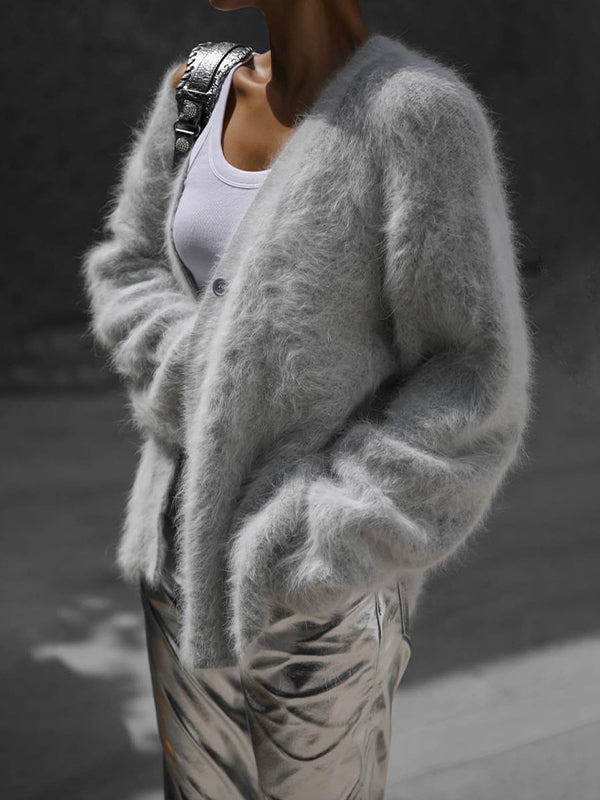Fuzzy V Neck Loose Cardigan Sweater