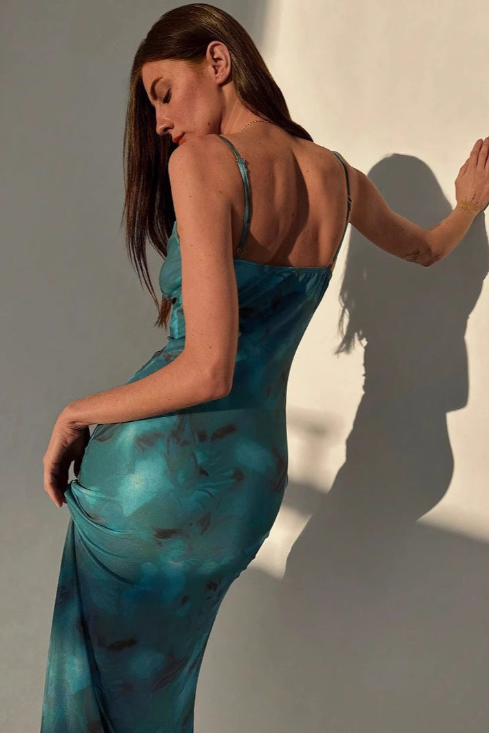 Cowl Neck Spaghetti Strap Abstract Mesh Print Bodycon Midi Dress