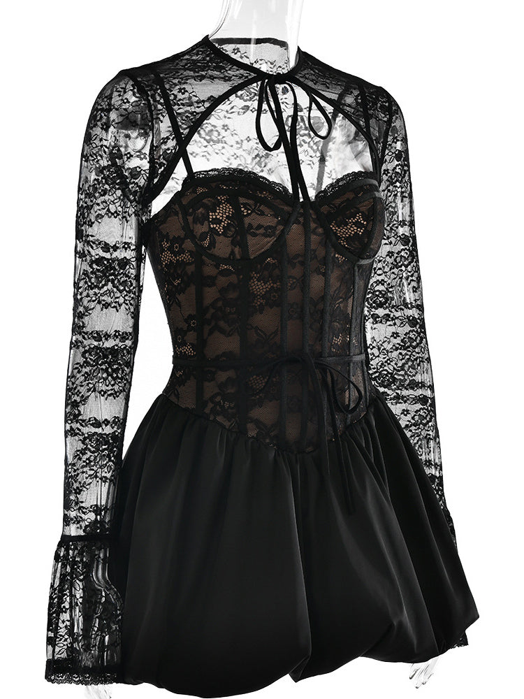 Black Lace Corset Dress With Detachable Bolero Birthday Party Puffball Mini Dress For Women 2026