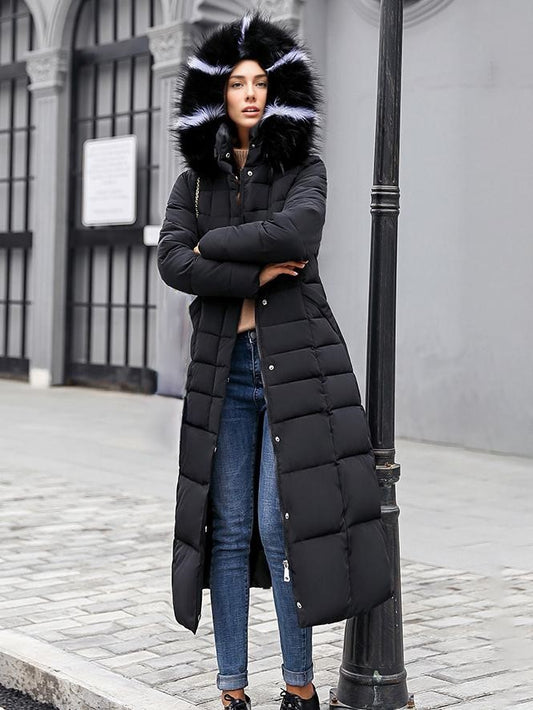 Women Coat Belted Removable Faux Fur Collar Hooded Full Length Winter Coat