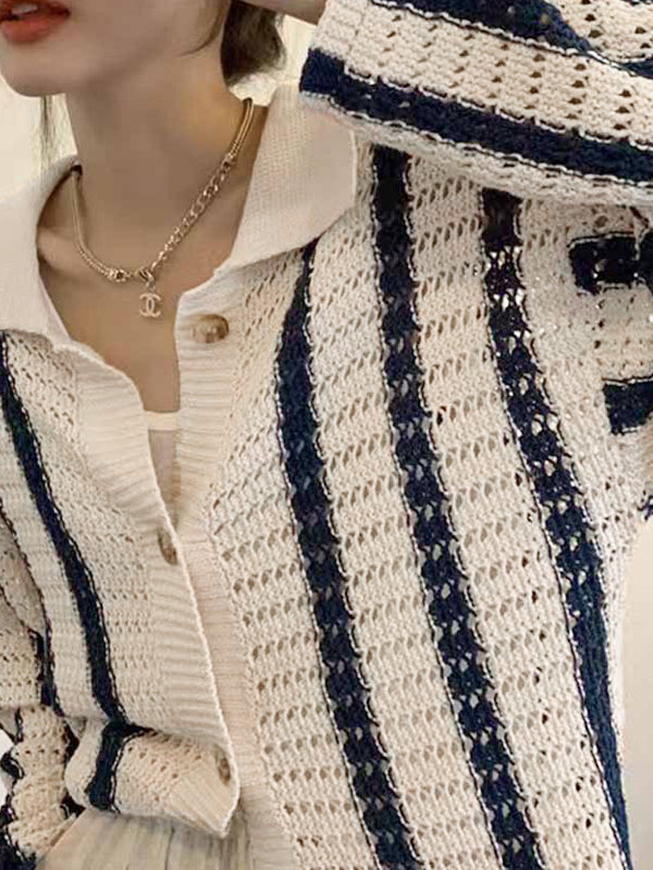 Cutout Striped Baggy Cardigan