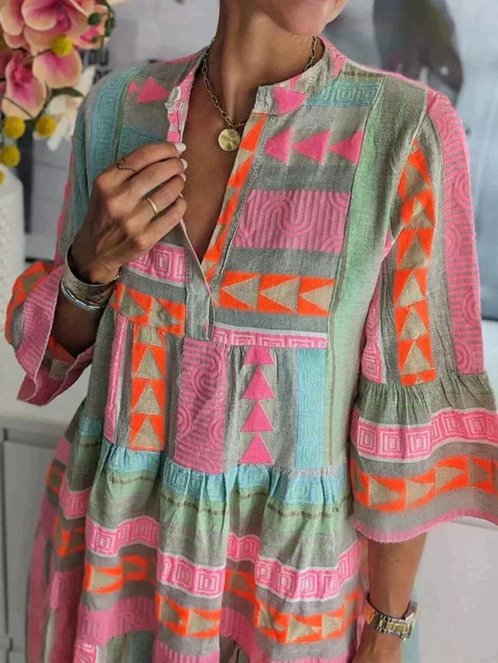 Mandarin Collar Tiered Bell Sleeve Geometric Print Mini Dress