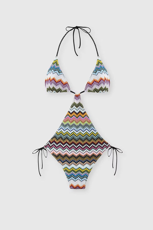 Luccia Colorful Zigzag Pattern Cutout Waist Tie-up Stretch One-piece Swimsuit
