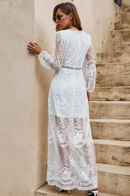 Floral Embroidered Mesh Bishop Sleeve V-Neck Empire Waist Boho Maxi Dress