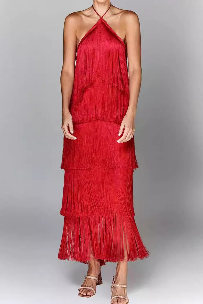 Chic Halter Fringe Backless Slit Cocktail Dress