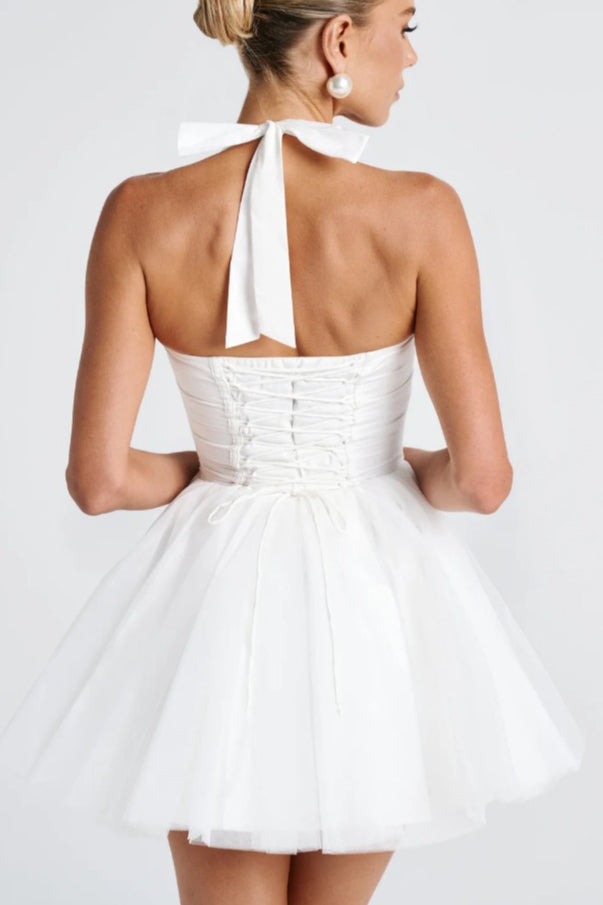 Halter Tie Neck Sweetheart Boned Corset Tulle Tutu Mini Dress
