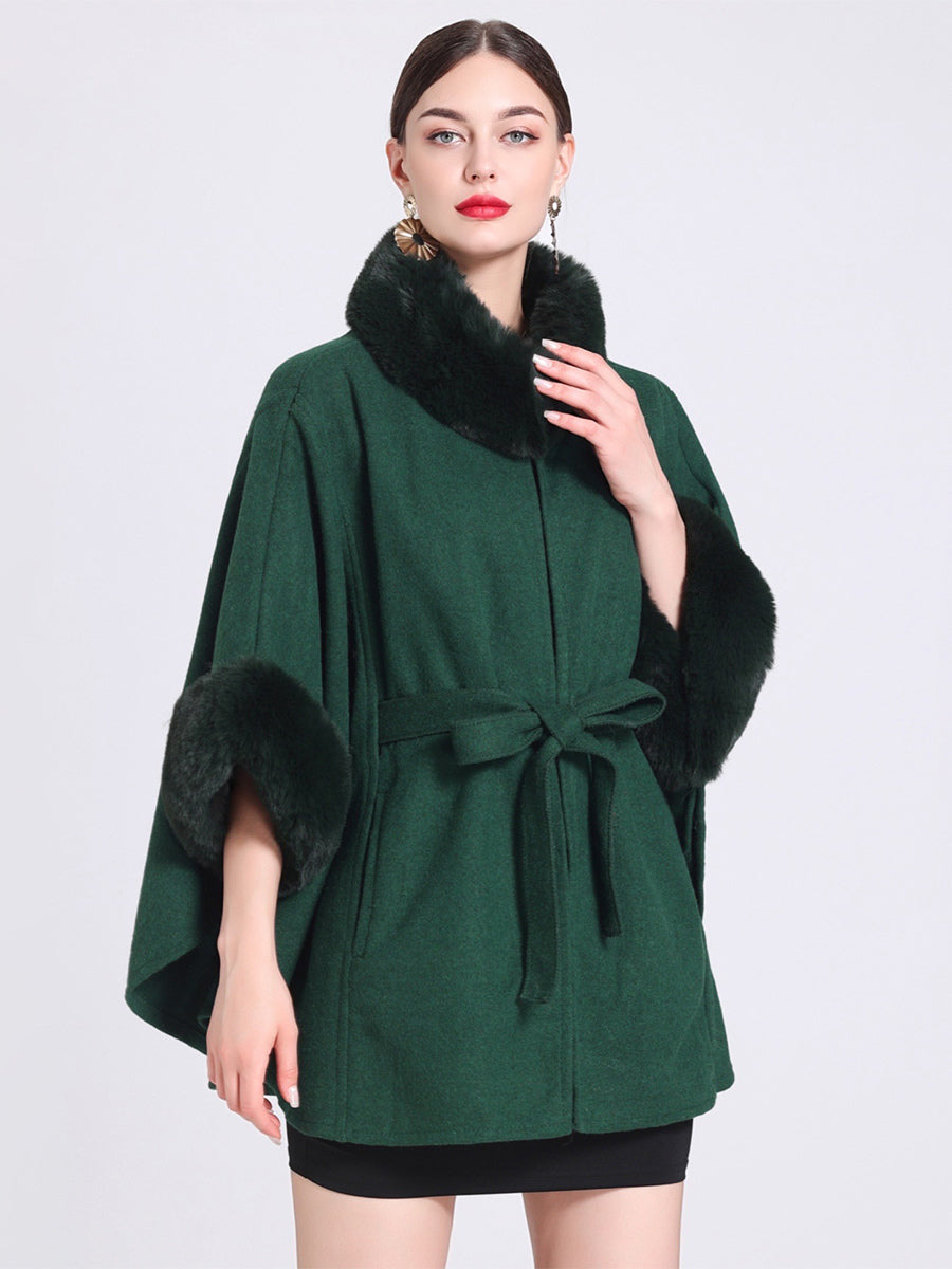 Women Poncho High Collar Light Gray Oversized Faux Fur Cape