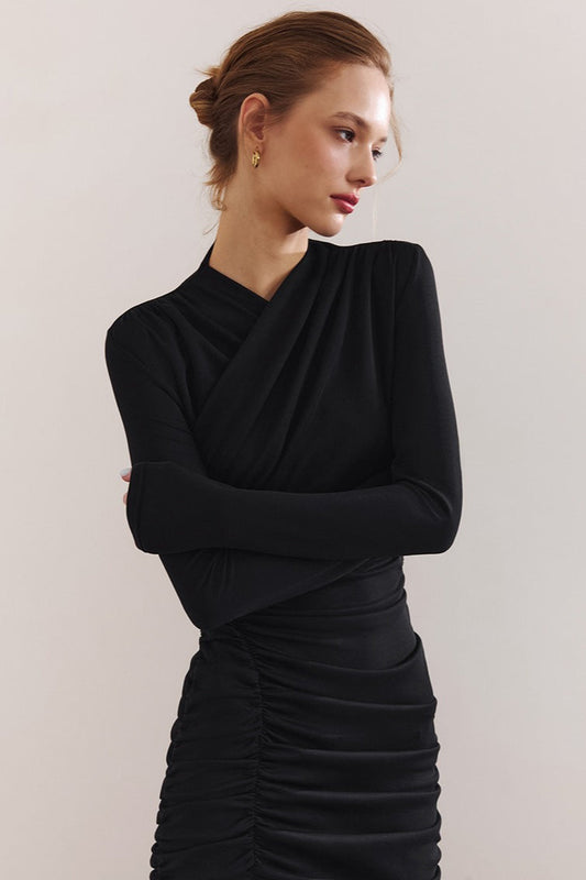 Surplice V-Neck Long Sleeve Side Slit Ruched Bodycon Midi Dress