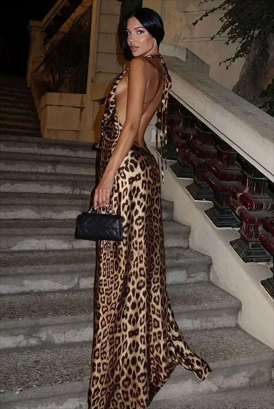 | Halter Deep V Backless Maxi Dress in Leopard Print