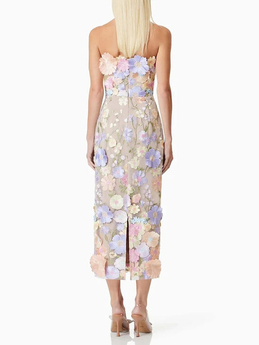 Strapless 3D Floral Applique Embroidered Garden Mesh Overlay Column Midi Dress
