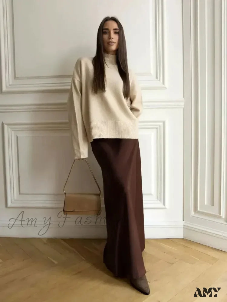 Casual Satin Loose High Waist Maxi Elegant Simple Silk Fishtail Skirt