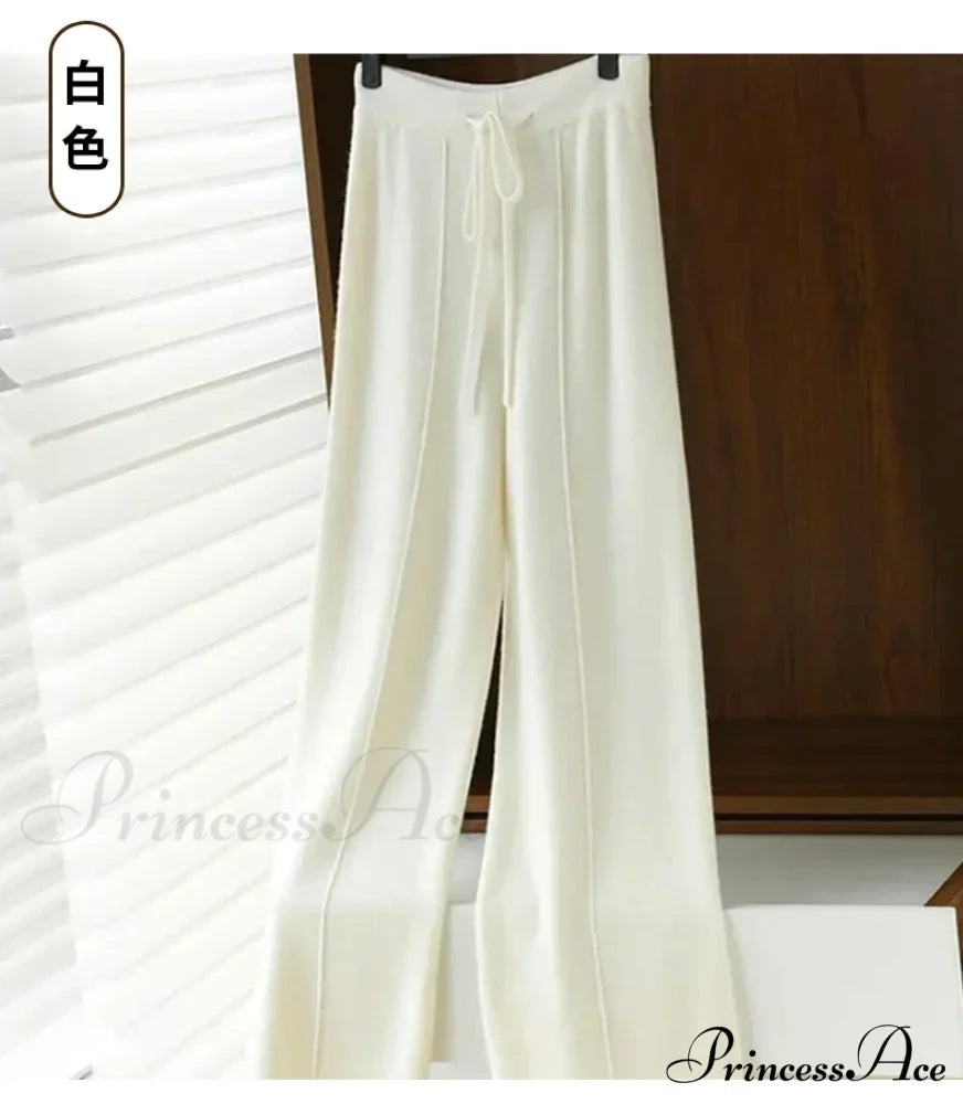 Casual Thick Knitted Elastic High Waist Loose Wide Leg Long Striped Pants