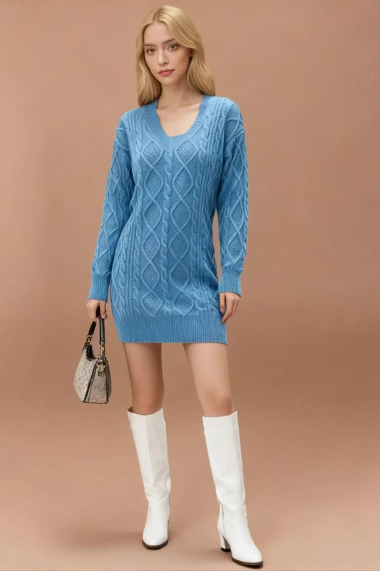 V-Neck Cable Knit Sweater Dress