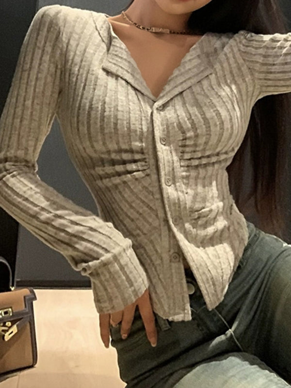 Lapel Neck Ruched Slim Long Sleeve Knit