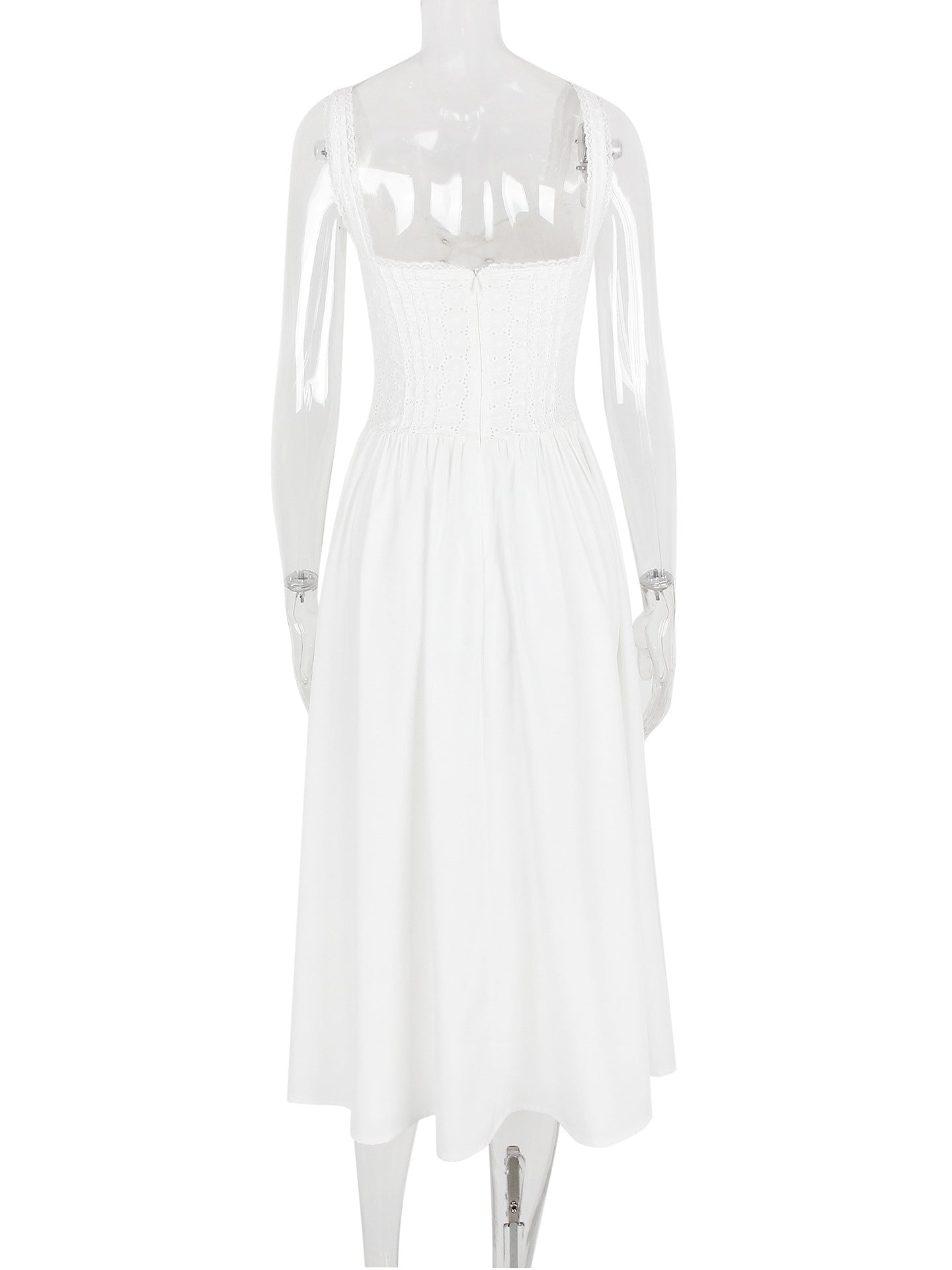 White Corset Dress Cutout Wide Strap Lace Trim Backless Cottagecore Midi Dresses