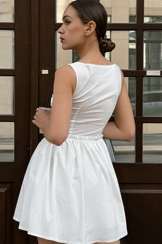 Scoop Neck Front Zip Ruched Bust Wide Strap Dropped Waist Flare Mini Dress
