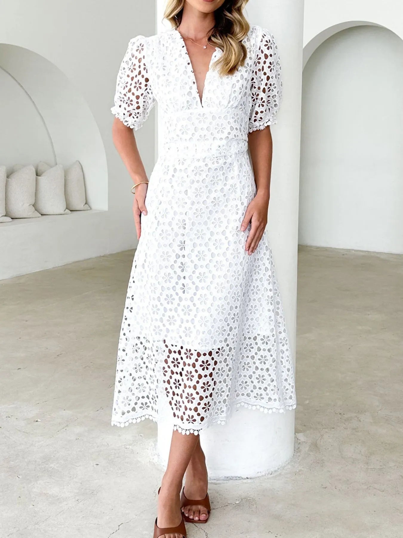 Floral Eyelet Lace V-Neck Puff Sleeve Fitted Waist Scalloped Hem Midi Dress