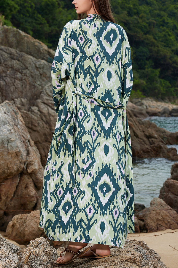 Unique Printed Loose Long-Sleeved Tie-Waist Holiday Extra-Long Cover-Up Robe