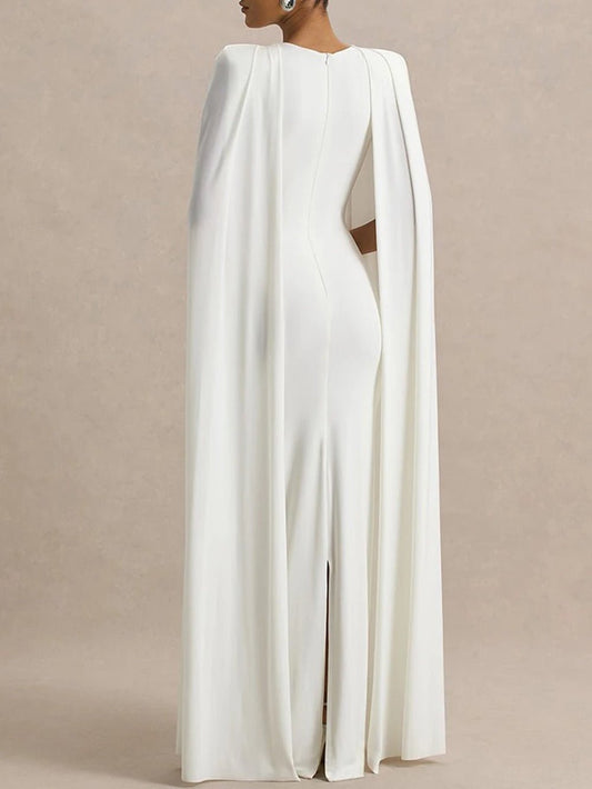 High Neck Padded Shoulder Floor-Length Cape Overlay Column Maxi Gown