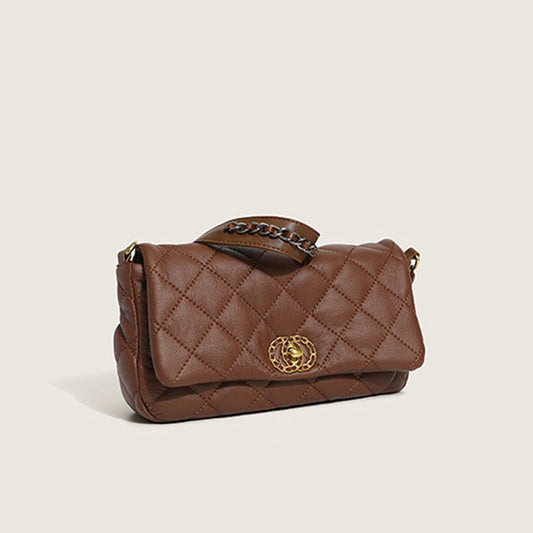 Rhombus Flap Buckled Chain Baguette Bag - Coffee