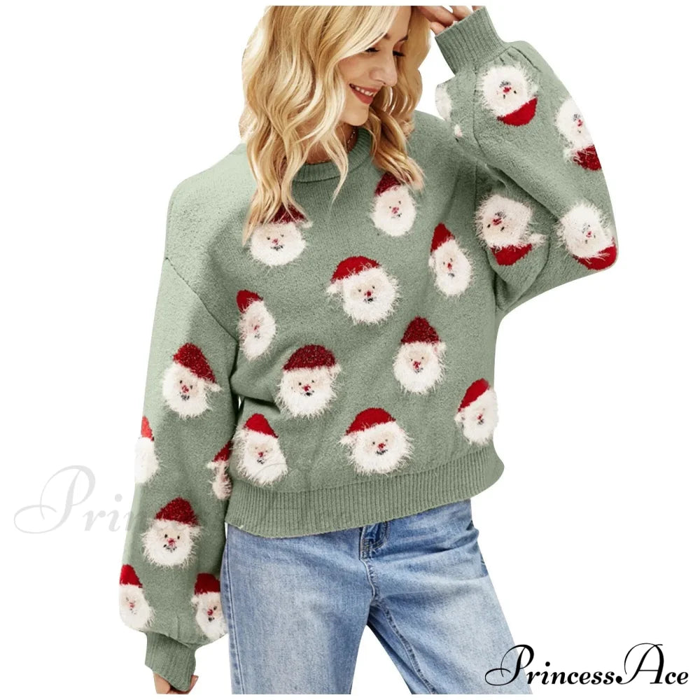 Christmas Cozy Cute Santa Head Round Neck Casual Oversized Warm Winter Sweater