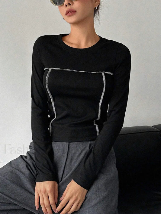 Contrast Trim Crew Trendy Neck Long Sleeve Shirt