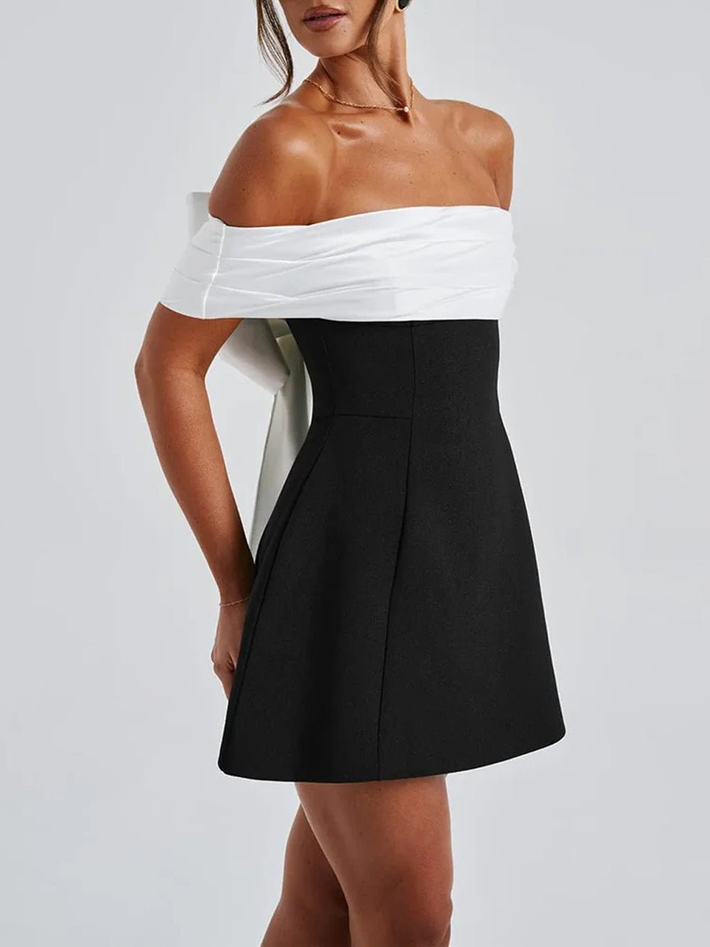 Off-the-Shoulder Contrast Band Fit and Flare Mini Dress