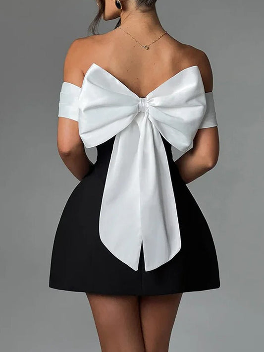 Off-the-Shoulder Contrast Band Fit and Flare Mini Dress