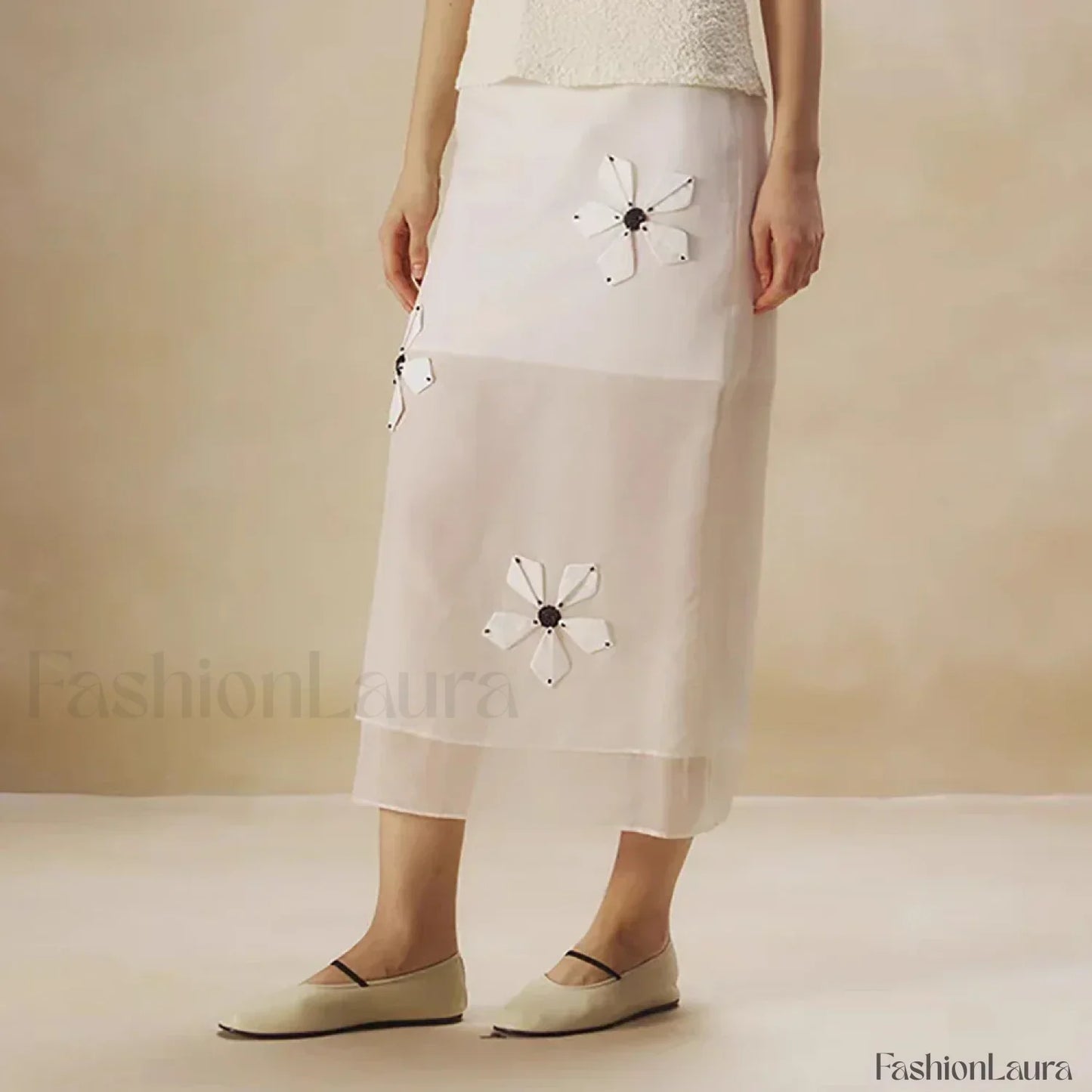 Cotton Floral Organza Slit Skirt