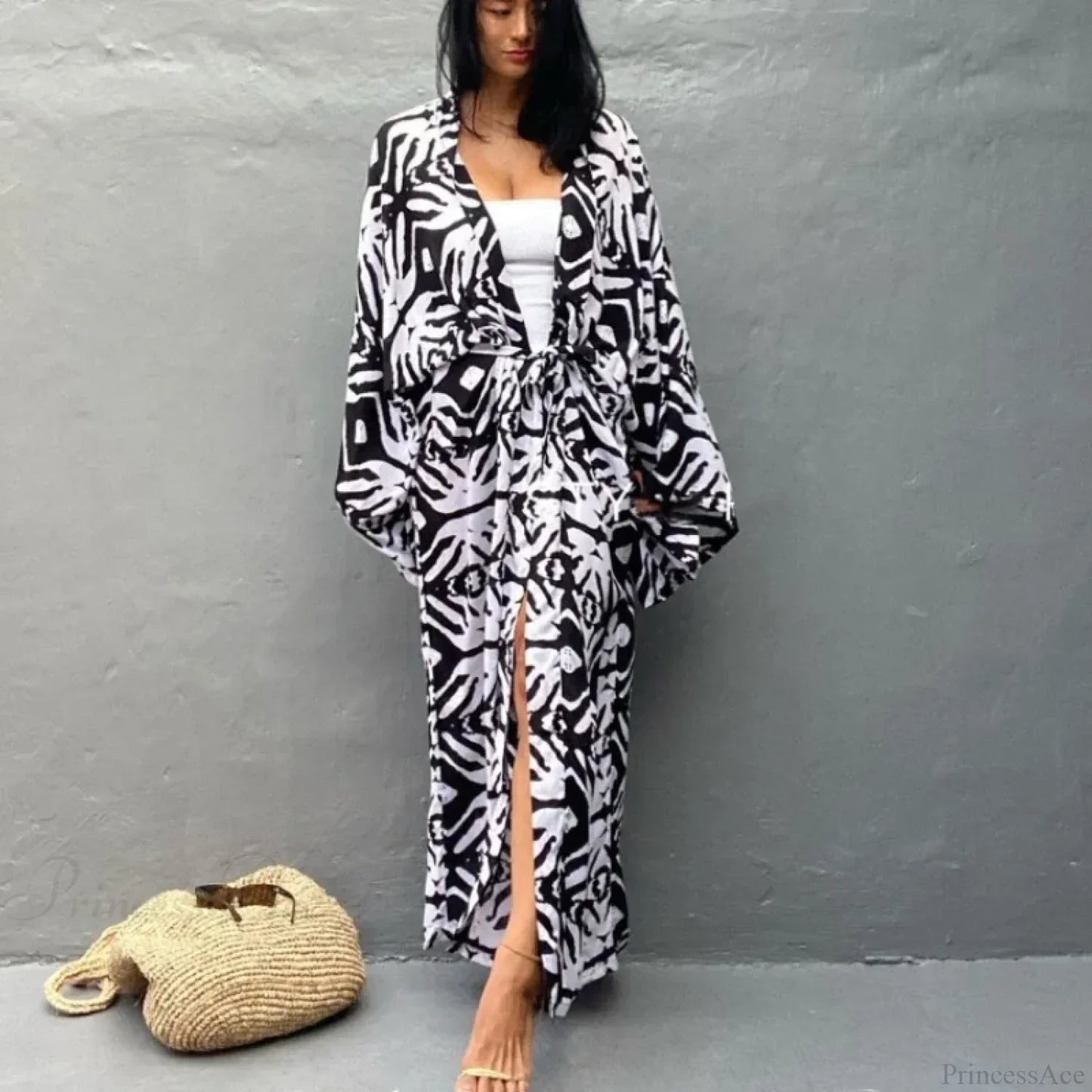 Cotton Rayon Printed Self Belted Maxi Boho Cover up