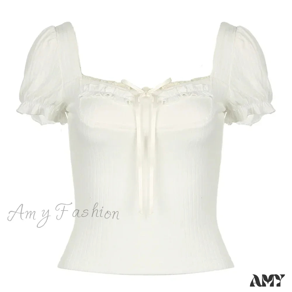 Cute Coquette Pink Kawaii Ruched Stitching Square Collar White Short Sleeve Y2k Crop Top