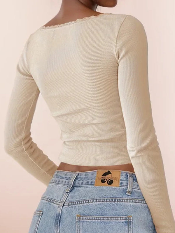 Solid Color Lace Stitching Slim Fit Long Sleeve Knits