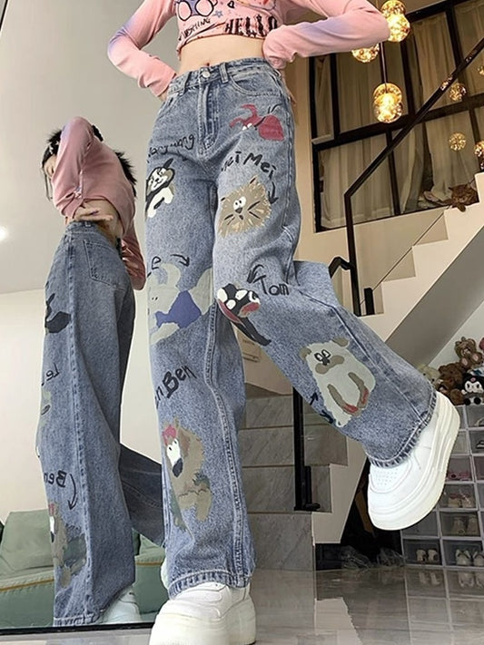 Animal Graffiti Print High Rise Boyrfriend Jeans