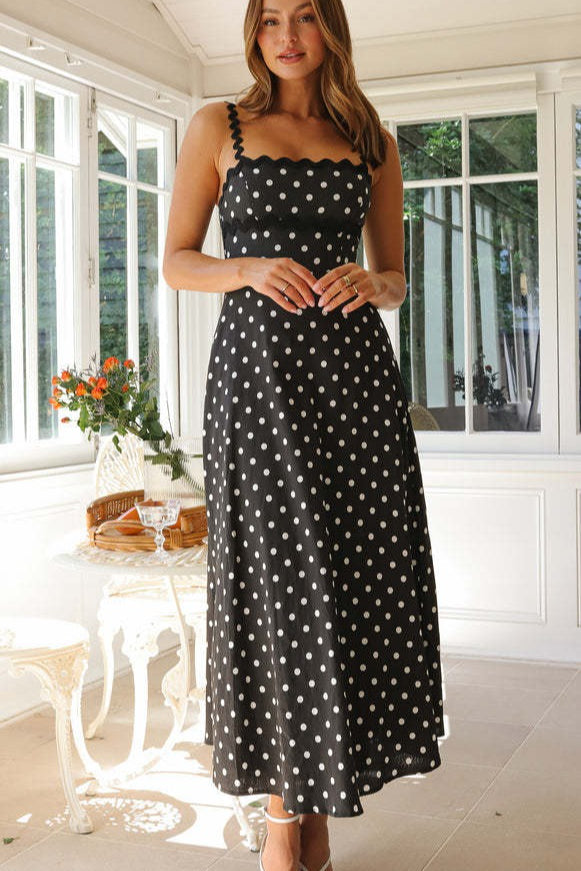Polka Dot Scalloped Trim Square Neck Spaghetti Strap Fit-and-Flare Midi Dress