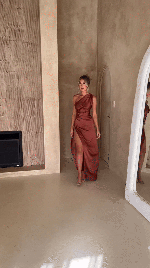 Satin One-Shoulder Ruched Thigh Slit Column Maxi Gown
