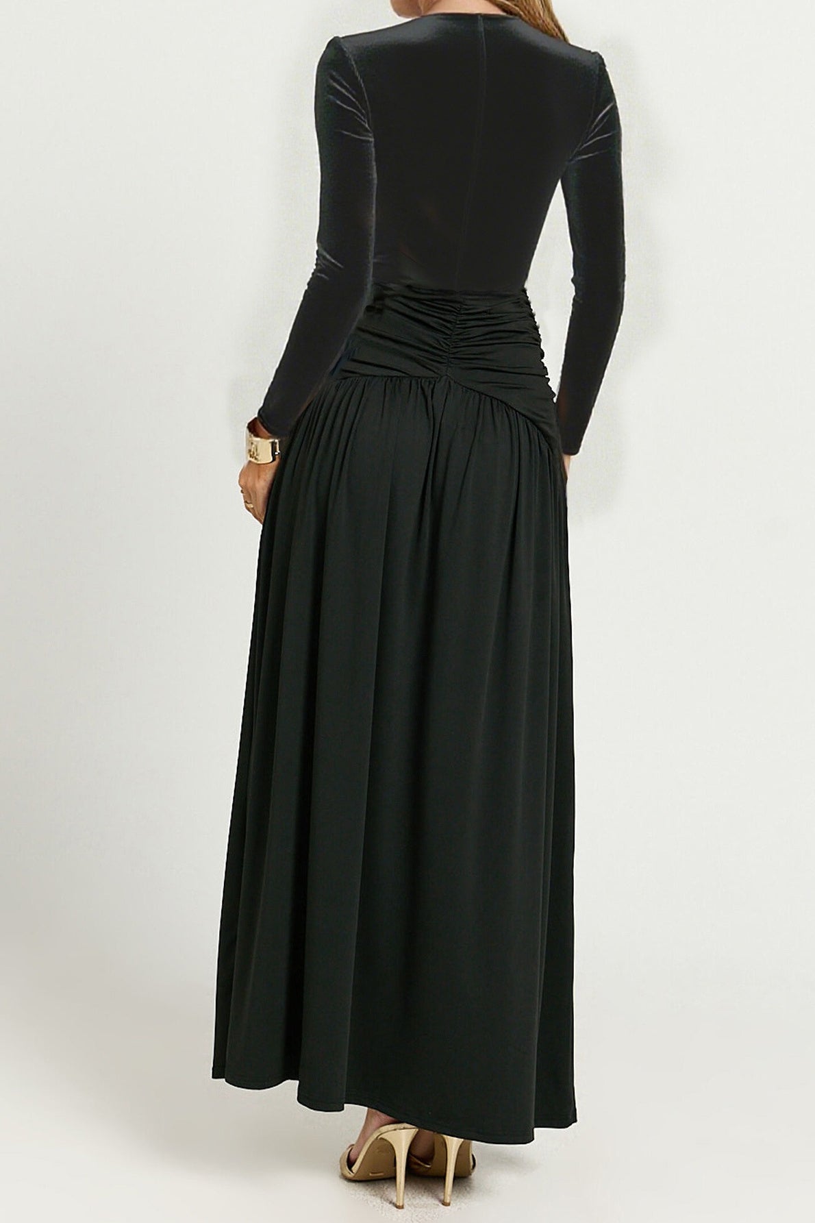 | Deep V Ruched Long Sleeve Slit Fitted Waist Maxi Dress