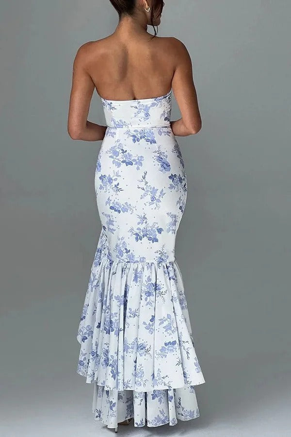 Strapless Ruched Hip Cascade Tiered Ruffle High-Low Maxi Gown