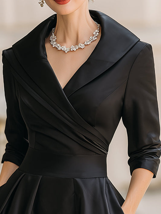 Women's Satin V-Neck Midi Dress – Long Sleeve Elegant Collared Dress