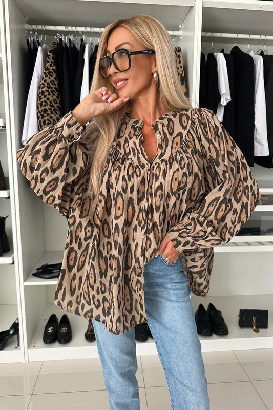 Leopard Print Loose Fit Long Sleeve Blouse