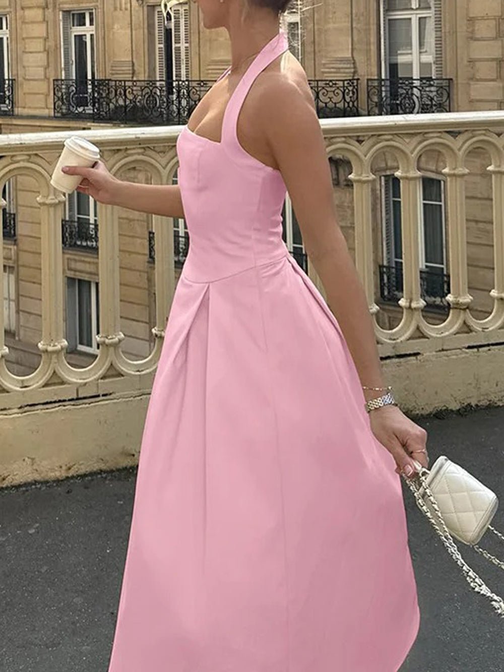 Halter Neck Basque Waist Box Pleat Midi Dress