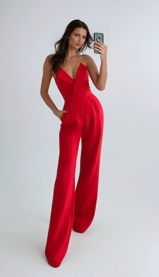 | Strapless Pleated Wide-Leg Jumpsuit